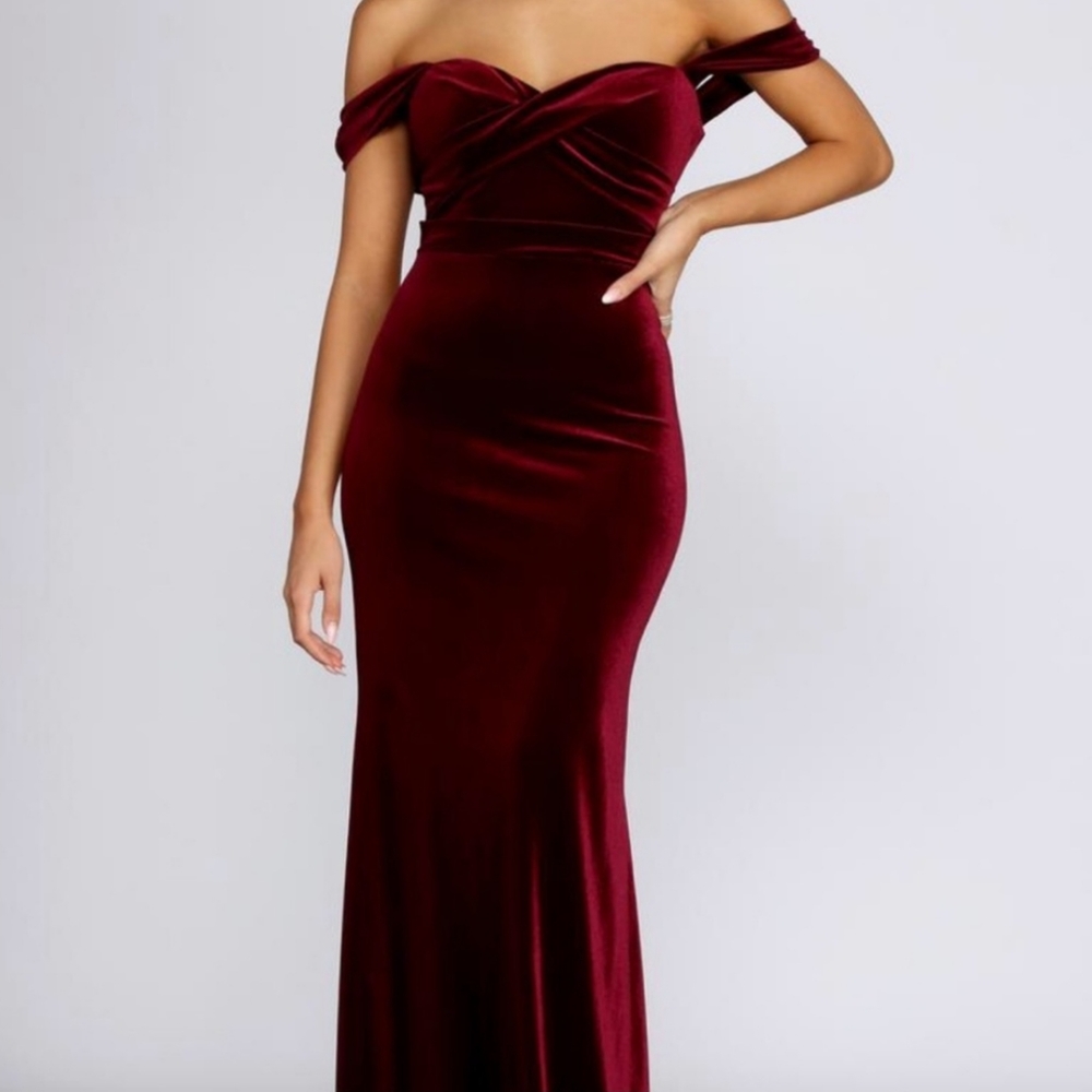Long velvet off shoulder dress